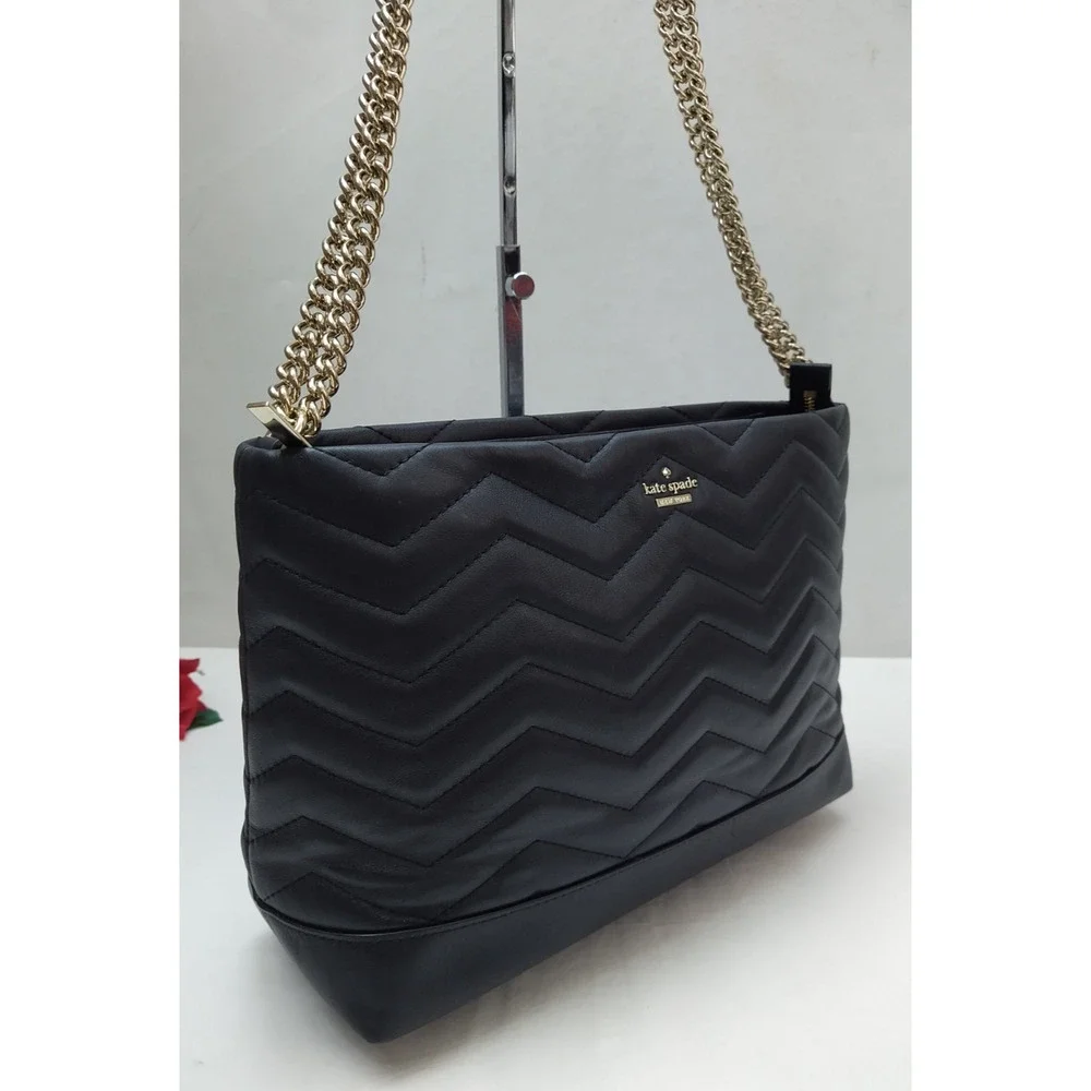 Kate Spade New York Black Leather Quilted Chain Strap Zipper Shoulder Bag